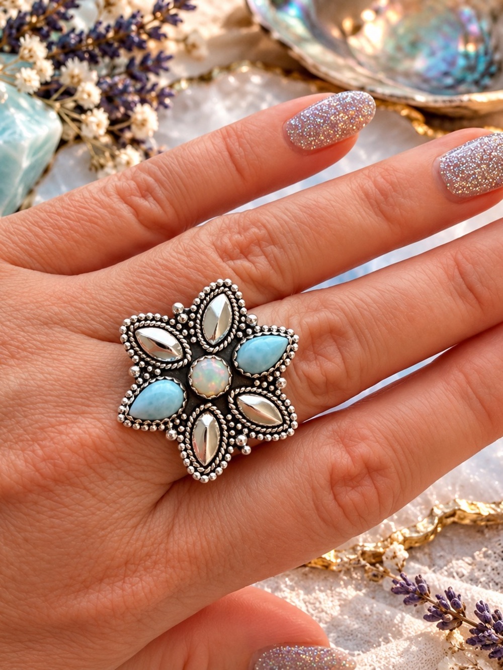 Larimar Opal Sterling Silver Statement Ring Adjustable